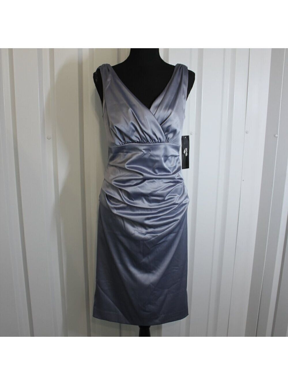 Suzi Chin Womens Silver Satin Stretch V Neck Ruched Waist Dress Size 8 NWT